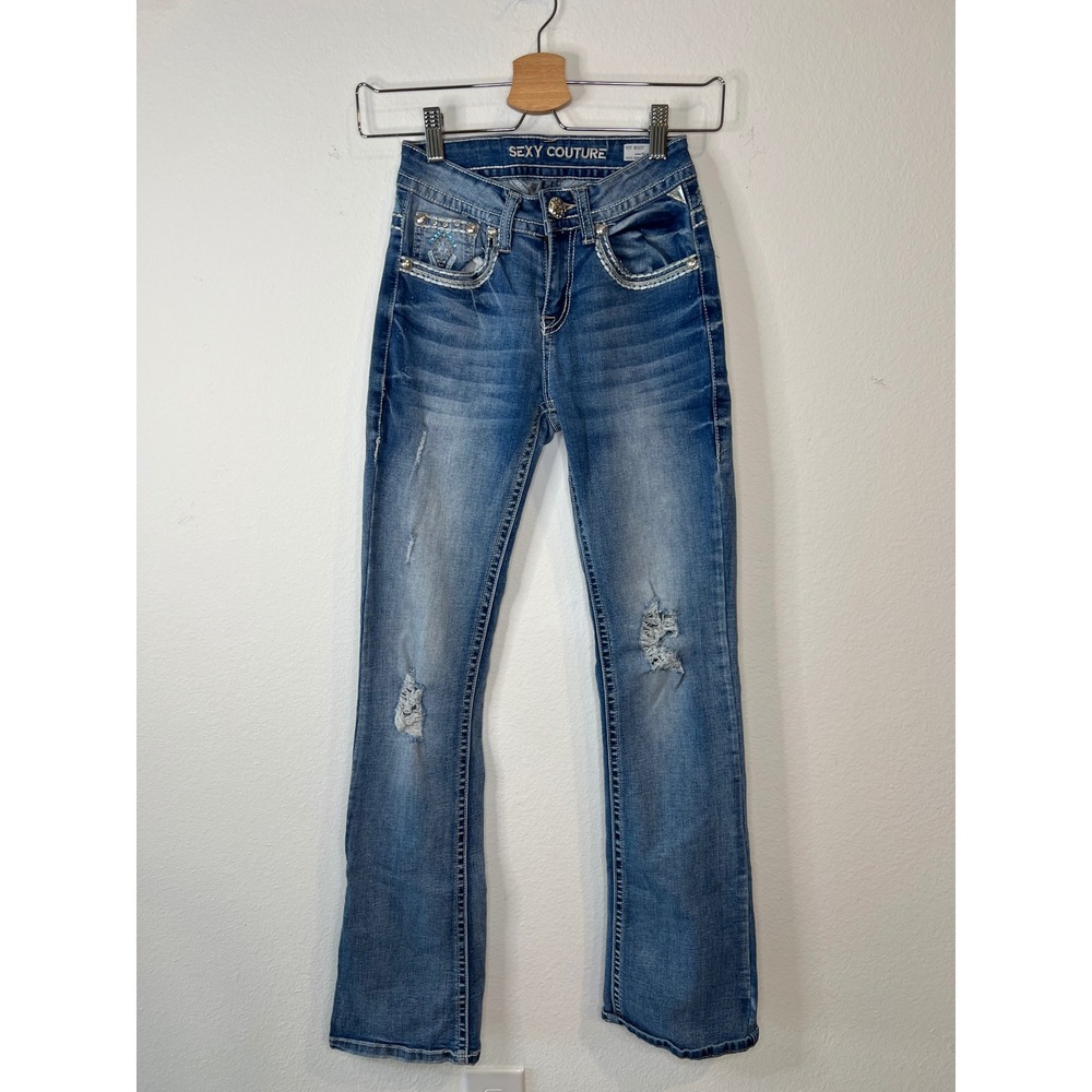Sexy Couture Womens Jeans Embellished Distressed Bootcut Blue Size 3
